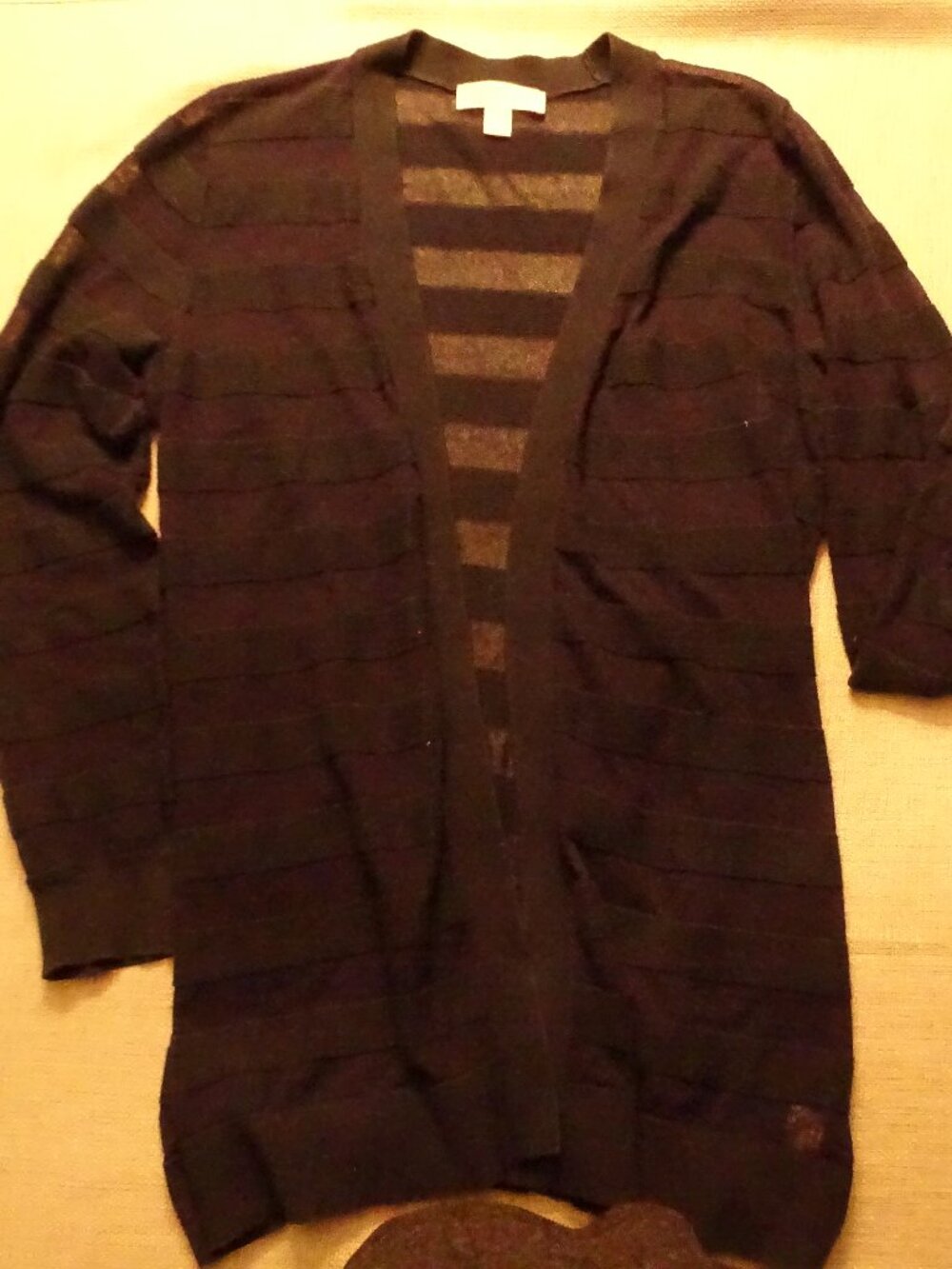 Michael Kors Navy Sheer Stripe Open Front Cardigan Size L Long Lightweight Knit